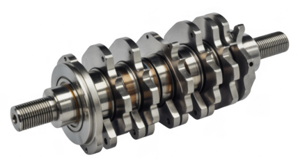 Detailed metal crankshaft engine part isolated on a transparent background