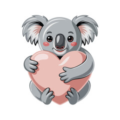 Cute koala hugging glossy love heart icon for romantic celebration greeting card poster sticker flat vector illustration set