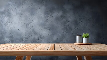A modern interior scene featuring a light wooden table with simple decorative elements like small potted plants and a ceramic pot placed before a grey abstract textured concrete wall