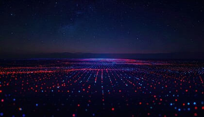 Abstract landscape with points of blue and red lights under starry sky, creates a data grid