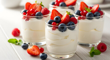 Creamy yogurt cups topped with fresh strawberries, blueberries, and raspberries on a clean white background. Healthy dessert concept with fresh fruits, minimal and bright food photography.
