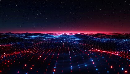Digital landscape of glowing red and blue dots against a starry sky, evoking a sense of futuristic terrain
