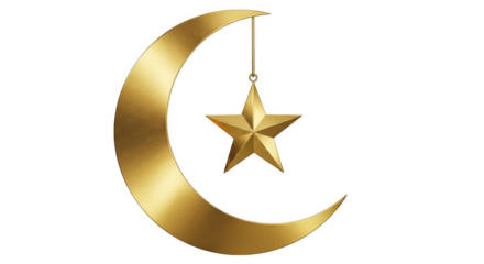Golden crescent moon with hanging star on png isolated transparent background black background image