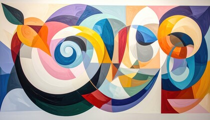 Obraz premium Dynamic abstract painting of intertwined, geometric forms with contrasting colors creating a sense of movement and depth