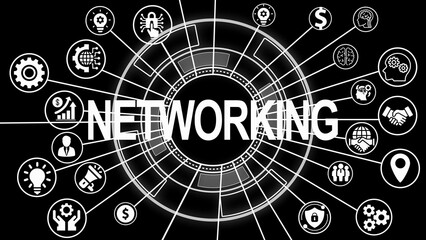 Networking concept with central text and connected icons representing communication and collaboration