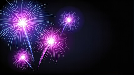 Vibrant purple and blue fireworks exploding in night sky