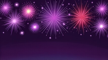 Vibrant purple and pink fireworks exploding in night sky