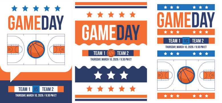 Game Day. Basketball playoff in March. Super sport party in United States. Final games of season tournament. Professional team championship. Ball for basketball. Sport poster. Vector