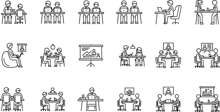 Adobe Stock Optimized Title Business meeting icon set featuring teamwork, coworking, office, presentation, collaboration, people, flat vector, startup elements.