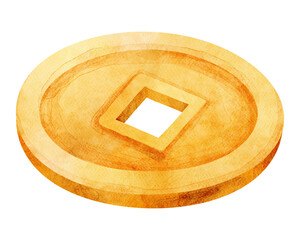 Watercolor Chinese Coin Illustration
