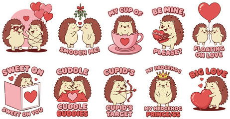 Fototapeta premium Adorable hedgehog couple stickers with love quotes like 