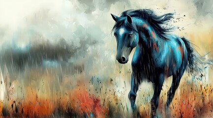 A portrait of a horse showing its expressive features and rich colors on a textured background.