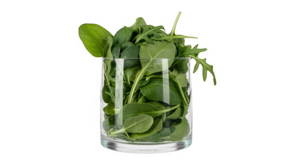 Fresh green leaves in a clear glass cup healthy isolated on a transparent background