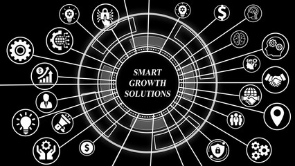 Fototapeta premium Smart Solutions Network Hub with Business and Technology Icons on Black Background abstract artificial intelligence