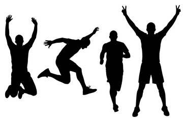 Set of active male silhouettes jumping running and celebrating