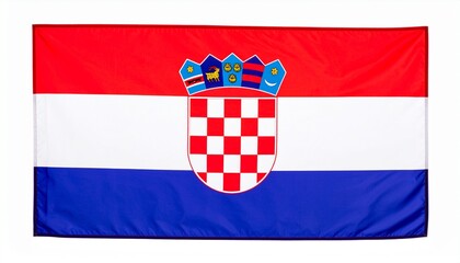 Croatian flag with horizontal red, white, and blue stripes and central checkerboard coat of arms with five-shield crown.