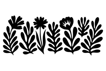 Hand drawn floral silhouettes border with black leaves and flowers