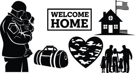 Flat design soldier returning home silhouette hugging child close up with duffel bag welcome home sign family house with flag camo heart reunion emotional portrait veteran
