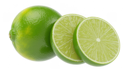 Fresh green limes and lime slices on black citrus fruit isolated on a transparent background