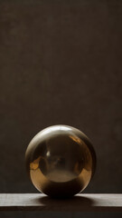 Obraz premium highly reflective metallic sphere resting on a wooden surface against a plain background
