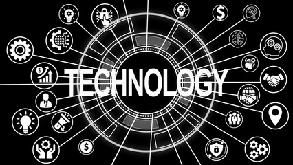 Technology Network Diagram with Business Icons on Black Background futuristic