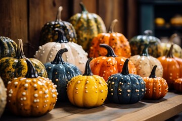 Bumpy gourds and pumpkins creating a vibrant autumn display