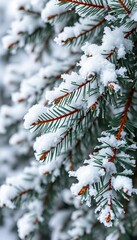 Snow-covered pine branches dusted with glistening frost, evoking a serene winter wonderland perfect for holiday greetings,  cold,  ice
