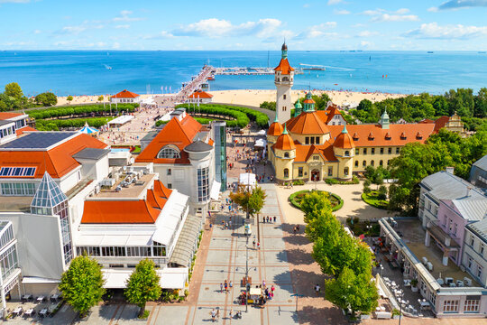Sunny landscape of the resort town of Sopot and Molo - pier on the Baltic Sea. Poland