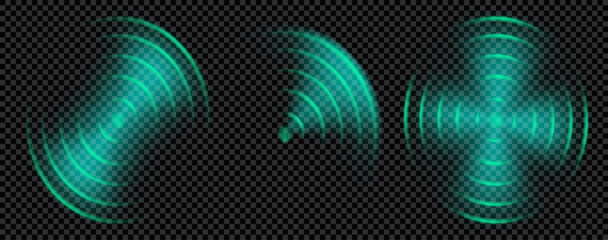 Greed radar light or sonar wave effect. Radio sound with antenna frequency ring scan. Smart car electronic audio pulse glow with concentric radius. Realistic wireless control design vector