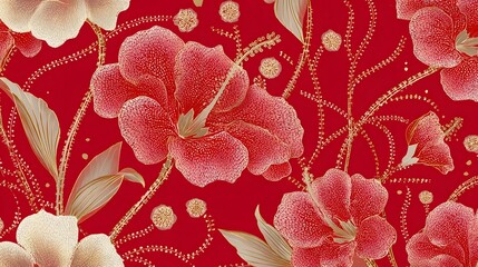 Luxurious intricate floral design with red blooms and gold thread accents on a rich crimson backdrop evoking traditional ry and elegance