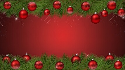 Festive Christmas border with red ornaments and pine branches