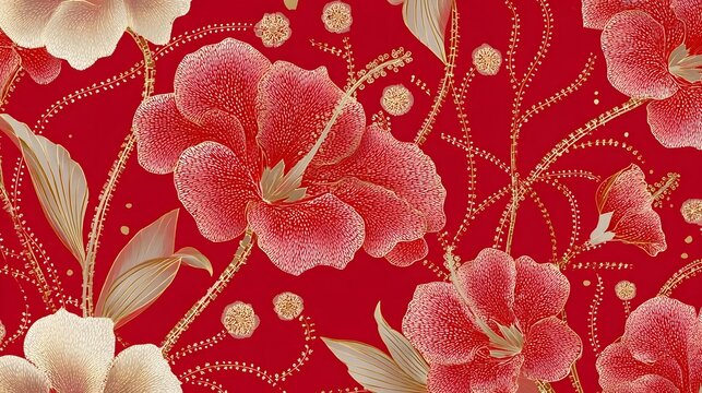 Luxurious intricate floral design with red blooms and gold thread accents on a rich crimson backdrop evoking traditional ry and elegance