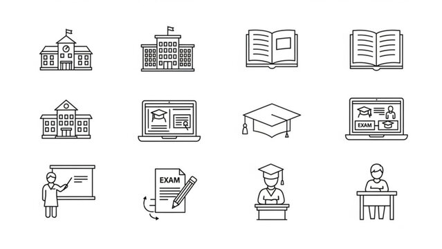 A set of line icons depicting various education related concepts and objects