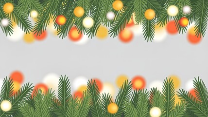 Festive Christmas border with pine branches and colorful lights