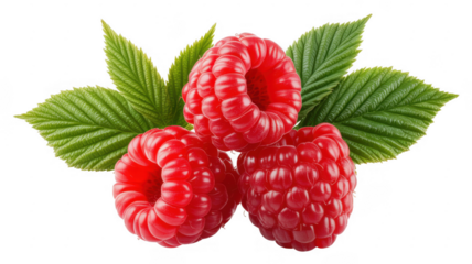 Fresh raspberries with green leaves fruit isolated on a transparent background
