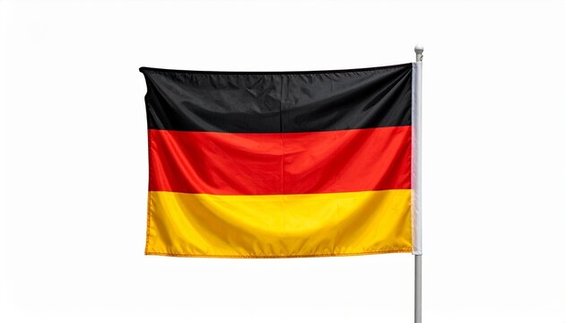 German flag with horizontal black, red, and gold stripes waving on a flagpole against white background.