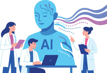 Artificial Intelligence and Human Scientists Collaborating on Future Research Illustration