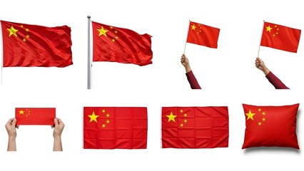 Multiple chinese flags waving in air and being held by hands on white background
