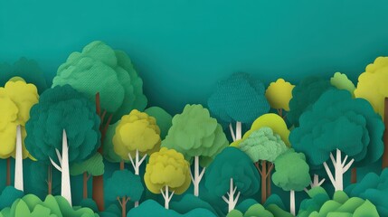 Layered paper cut style forest illustration with varied green and yellow treetops against a solid teal background