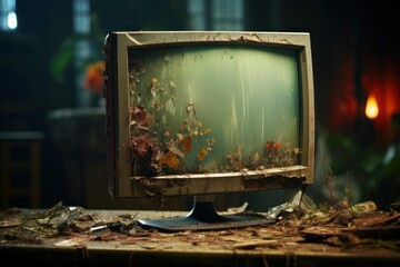 Obsolete crt computer monitor standing on a desk with broken screen and debris in a dark room