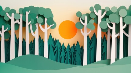 Paper cut forest scene with white trees dark green conifers and a bright orange sun against a light sky