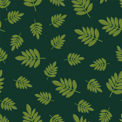 Seamless rowan leaf pattern in green tones. Minimal botanical background for eco packaging, textiles, wallpaper, web design and natural branding.