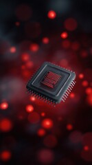 Floating microchip with glowing red circuitry against a dark abstract background of red bokeh lights