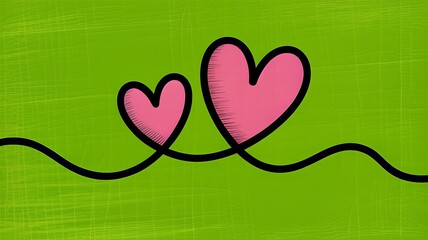 Vibrant pink hearts on green background with black line