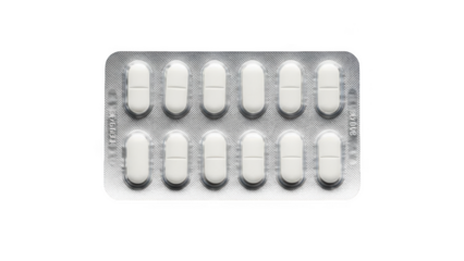 Png isolated transparent background White oval pills in silver blister pack on black background tablets