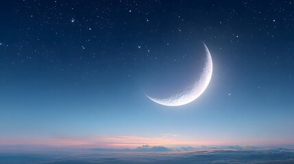 Luminous crescent moon in a starry twilight sky above soft pastel lit clouds on the horizon evoking a sense of peace and wonder