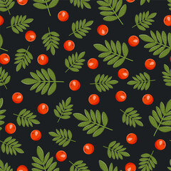 Seamless rowanberry pattern with red berries and green leaves on dark background. Botanical design for premium packaging, fabric, wallpaper, branding and autumn projects.