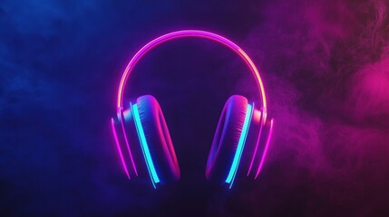 Glowing neon pink and cyan headphones suspended in dark smoky atmosphere with vibrant lighting