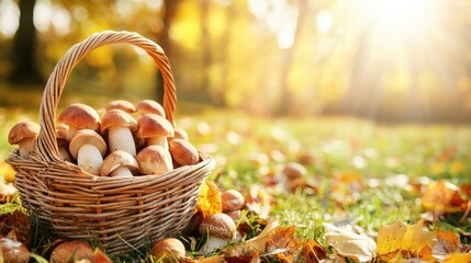 Wicker basket full of freshly picked wild mushrooms rests on grassy ground with bright autumn sunlight