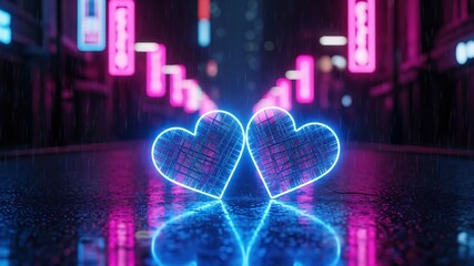 Neon Heart Sculptures in a City Street at Night, Colorful Lights, Romantic Decor and Modern Aesthetic